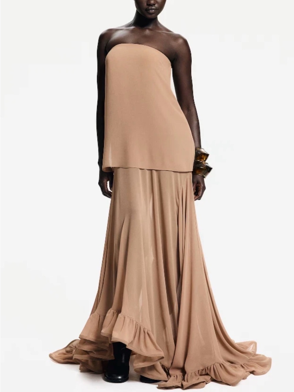 H&M Limited Edition Chiffon Bandeau Halter Maxi Dress Taupe Beige Tiered Size L